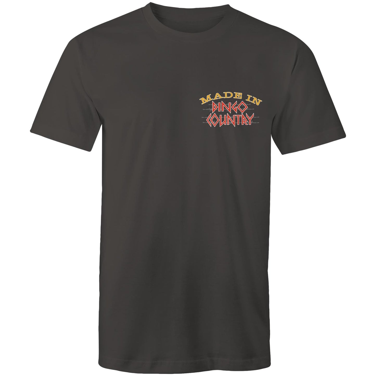 Men's charcoal T-shirt with a small 'Made in Dingo Country' chest logo, signifying understated Australian pride and a love for homegrown science.