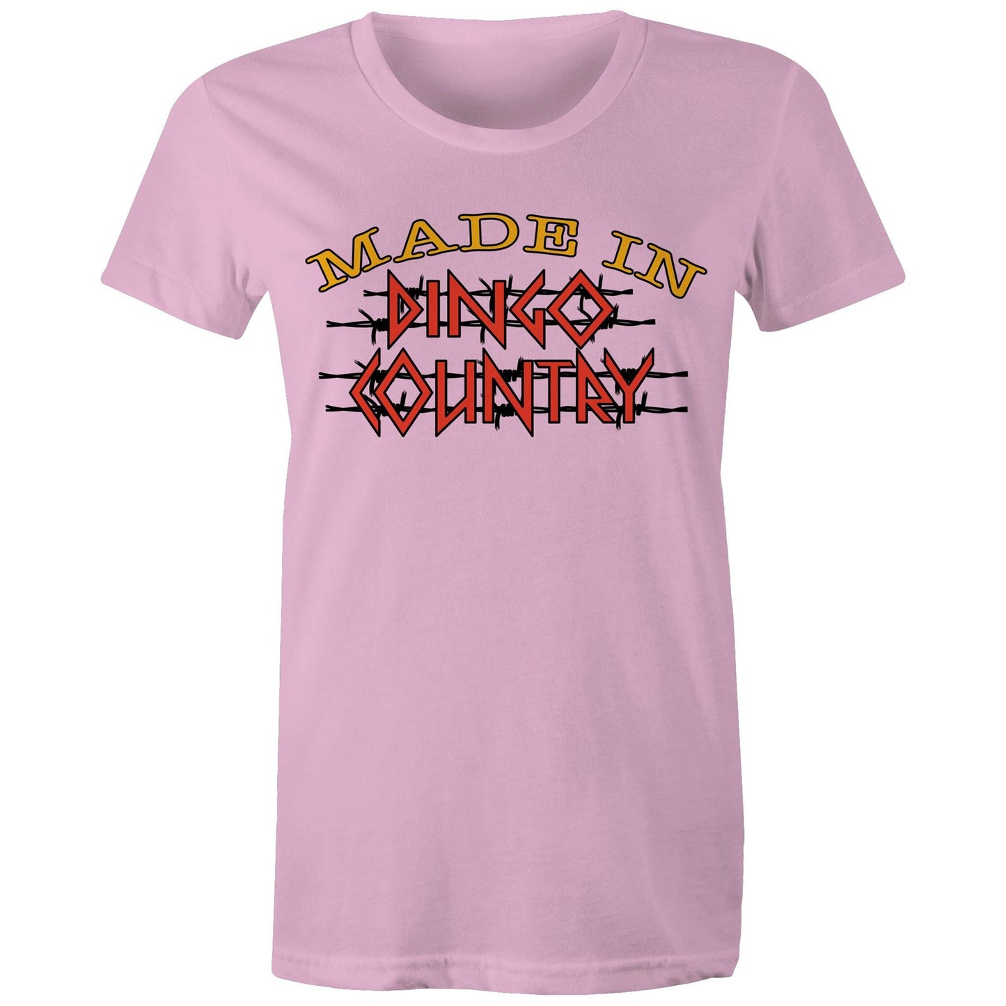 Women's pink maple tee with a large 'Made in Dingo Country' logo on the front, available in 14 vibrant colors