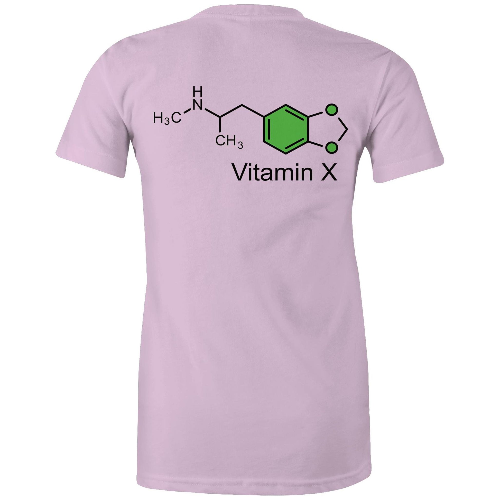 Chemical structure of MDMA, labeled "Vitamin X" on the back of a lavender women's maple tee.