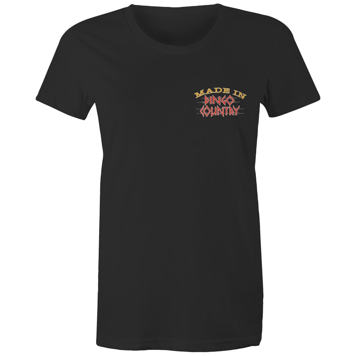 Simple and elegant black Women's Maple Tee with 'Made in Dingo Country' in distressed Australian flag colours across the chest.