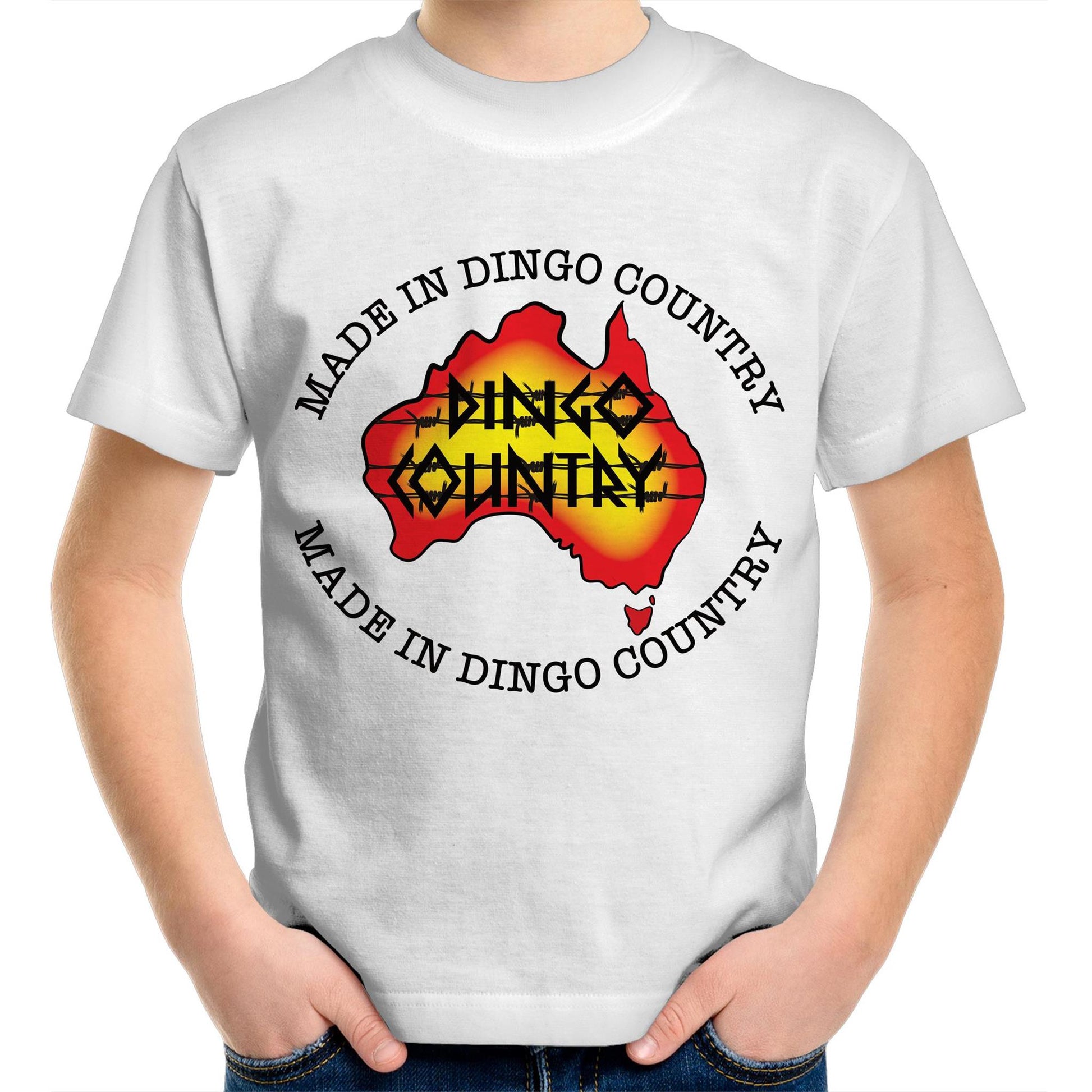 Child's white crew-neck t-shirt with 'Made in Dingo Country' Australia map design, available in 10 vibrant colors for a fun Australian-themed style.