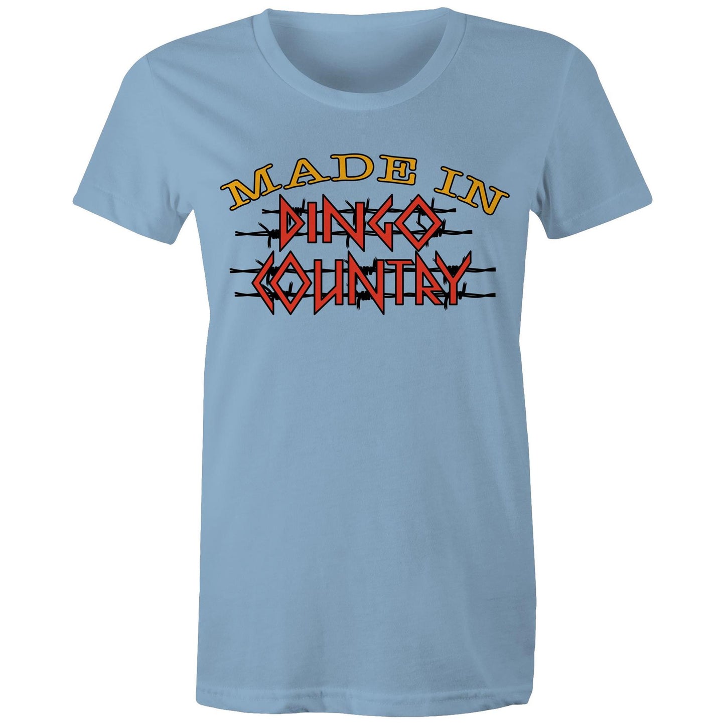 Women's Carolina blue maple tee with a large 'Made in Dingo Country' logo on the front, available in 14 vibrant colors