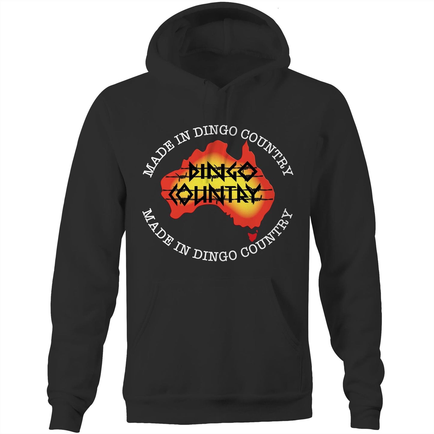 Black 'Made in DC Australia' pocket hoodie sweatshirt showcasing a stylised map of Australia with 'Dingo Country' & made in dingo country text on the front.