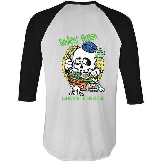 Back of the raglan black sleeve T-shirt featuring a colourful and playful 'Soylent Green' design, promoting environmentalism with humour and retro flair.