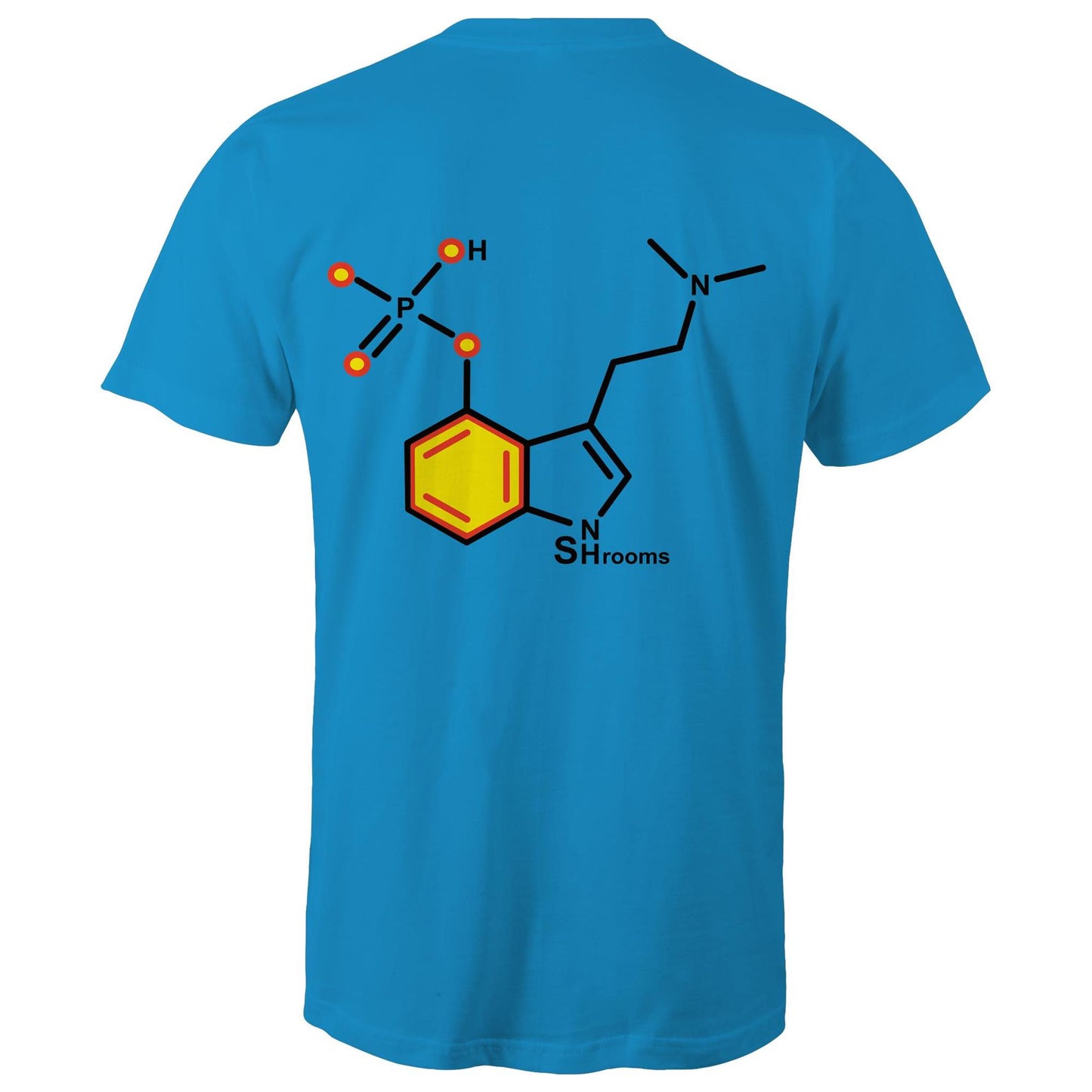 Back of the men's arctic blue royal T-shirt showcasing the Psilocybin molecule, combining scientific appeal with a sharp, modern design.