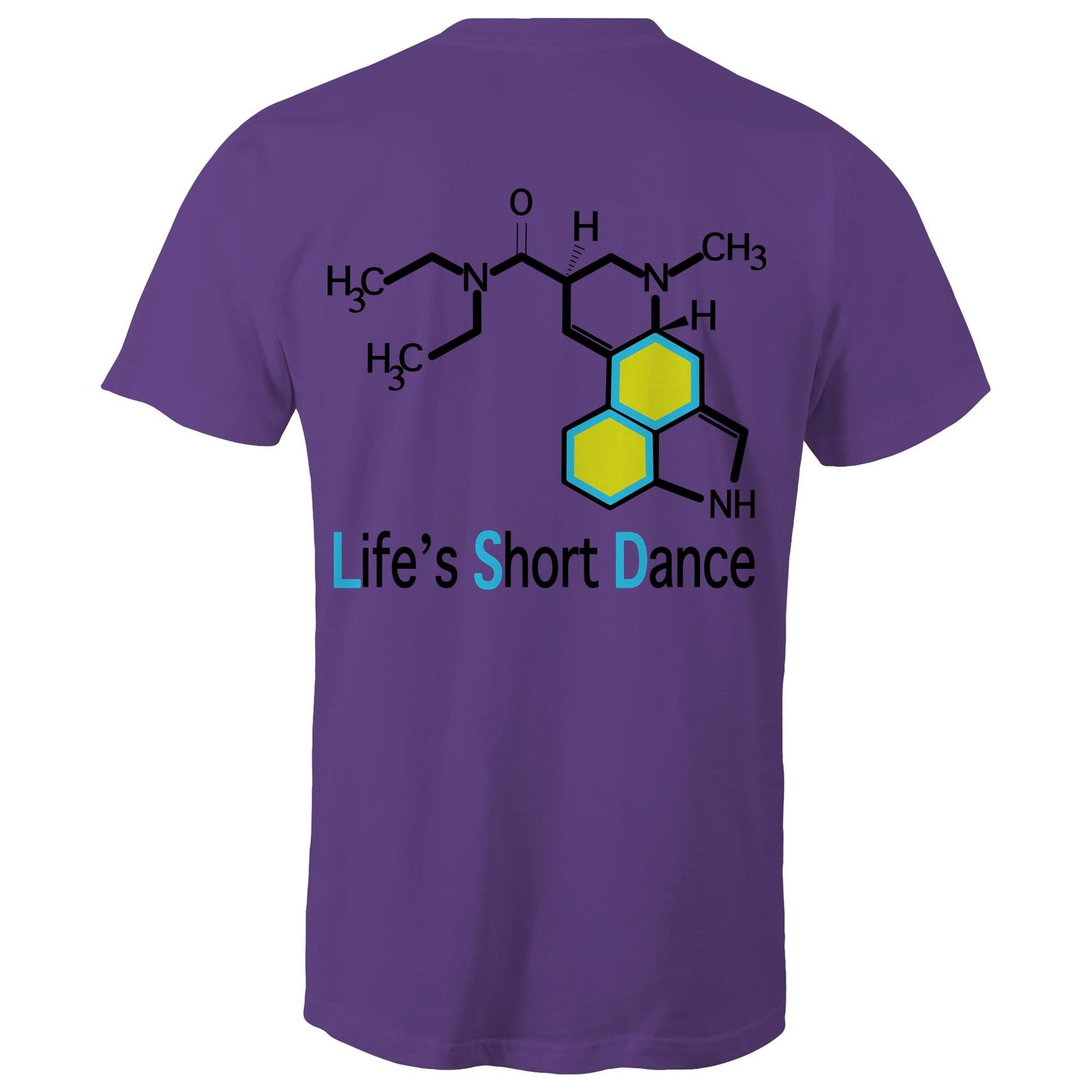 Back view of 'Life’s Short Dance' Men's purple T-Shirt featuring an intricate chemical molecule design in black and blue, with the phrase 'Life’s Short Dance' in stylized blue font