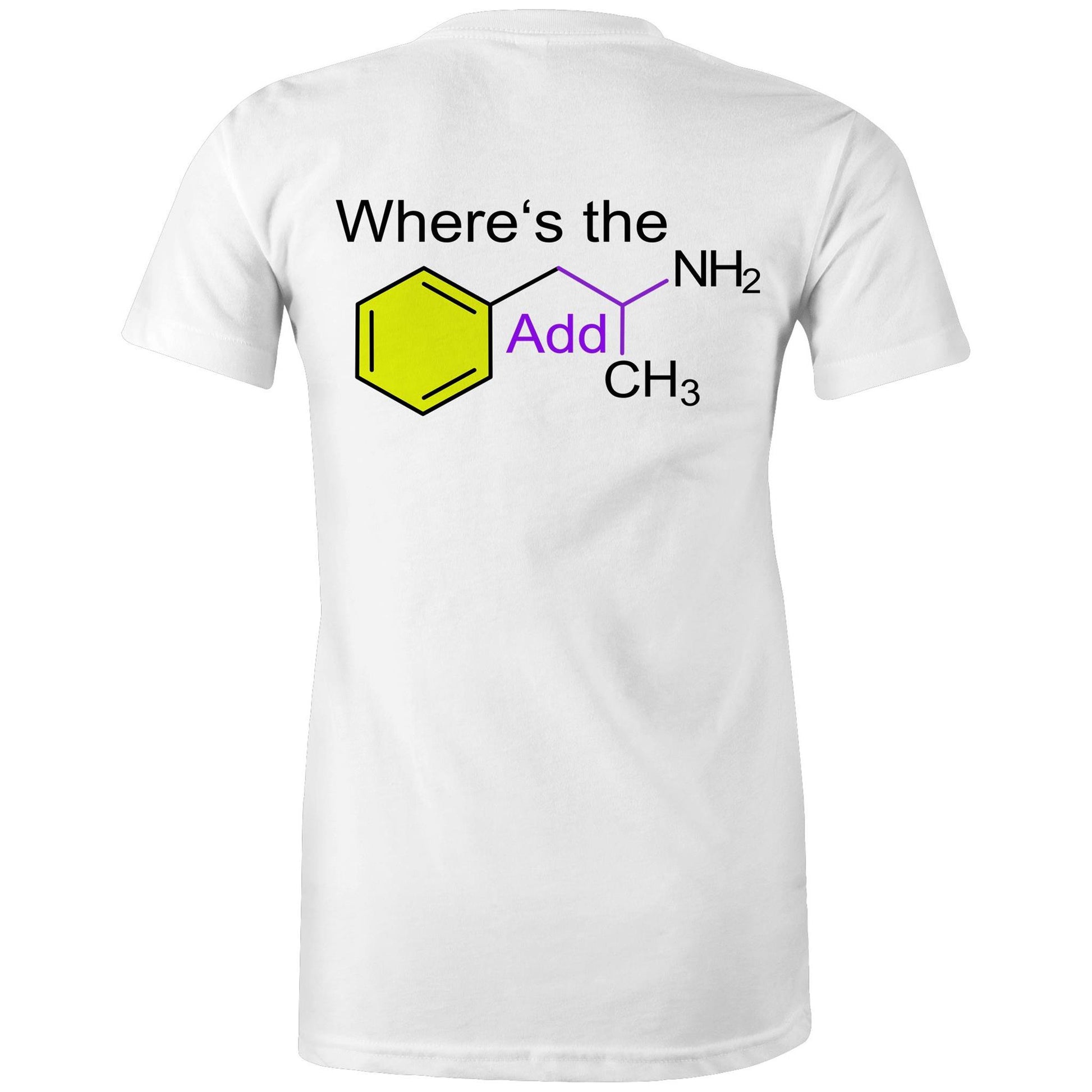 Back view white women's t-shirt  showing a playful twist on chemistry with 'Where’s the Addy' integrated within a colourful molecular structure design.