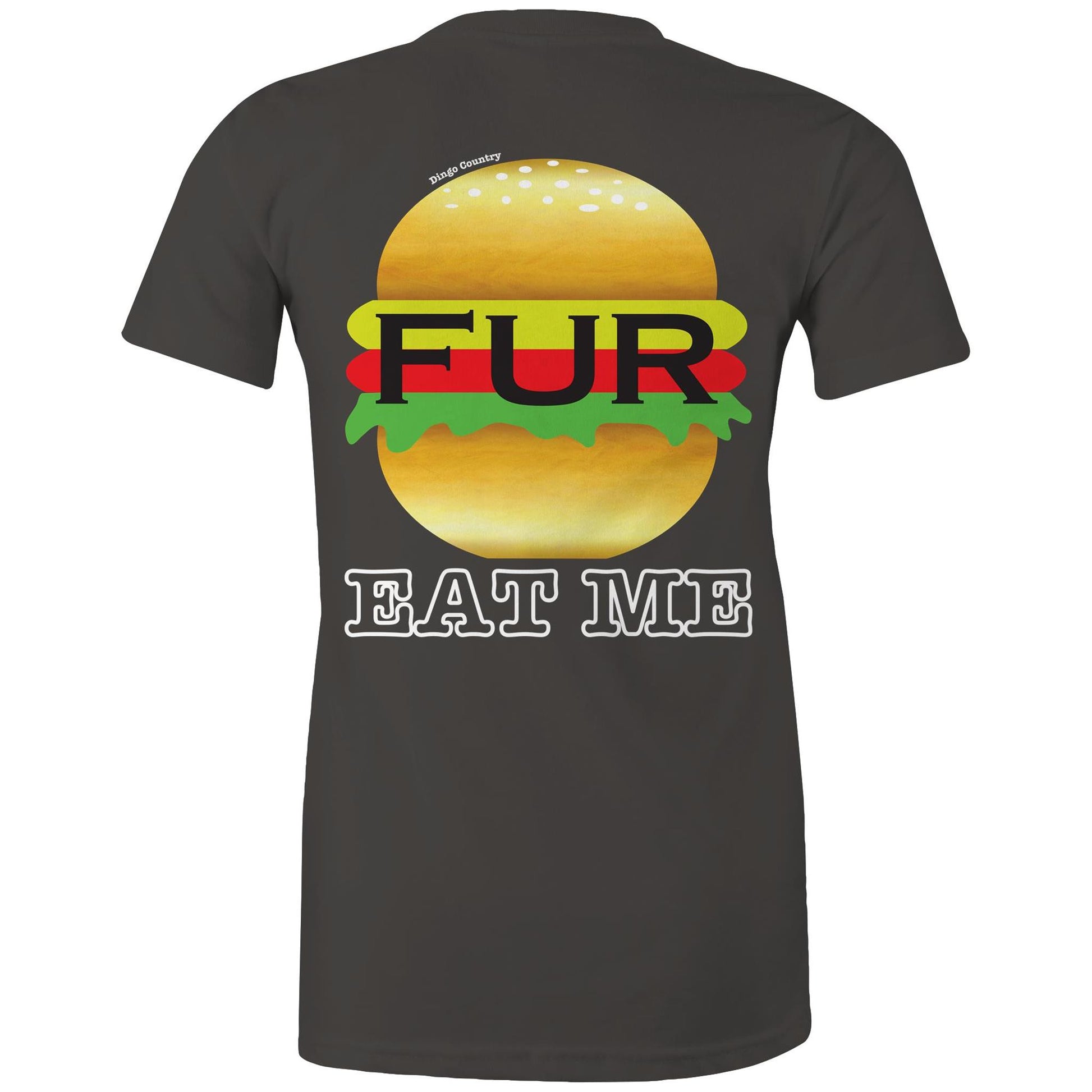 Rear view of Dingo Country's charcoal Maple Tee, with the playful 'FUR BURGER EAT ME' burger graphic.