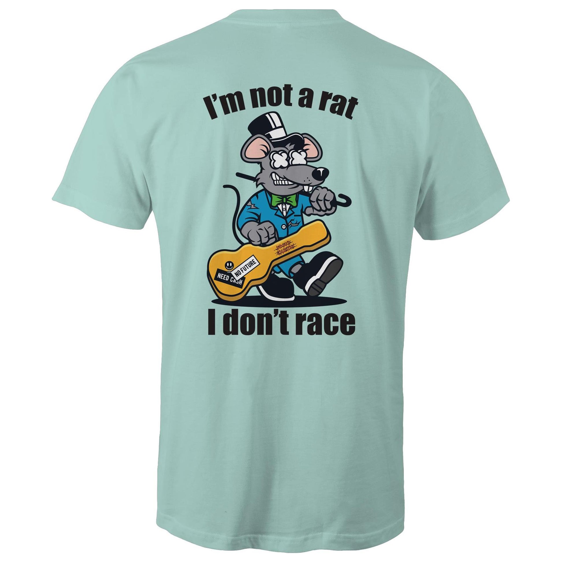 Aqua mens T-shirt- Graphic print of a rat playing the guitar with 'I'm Not a Rat, I Don't Race' slogan, showcasing a playful nod to music enthusiasts.