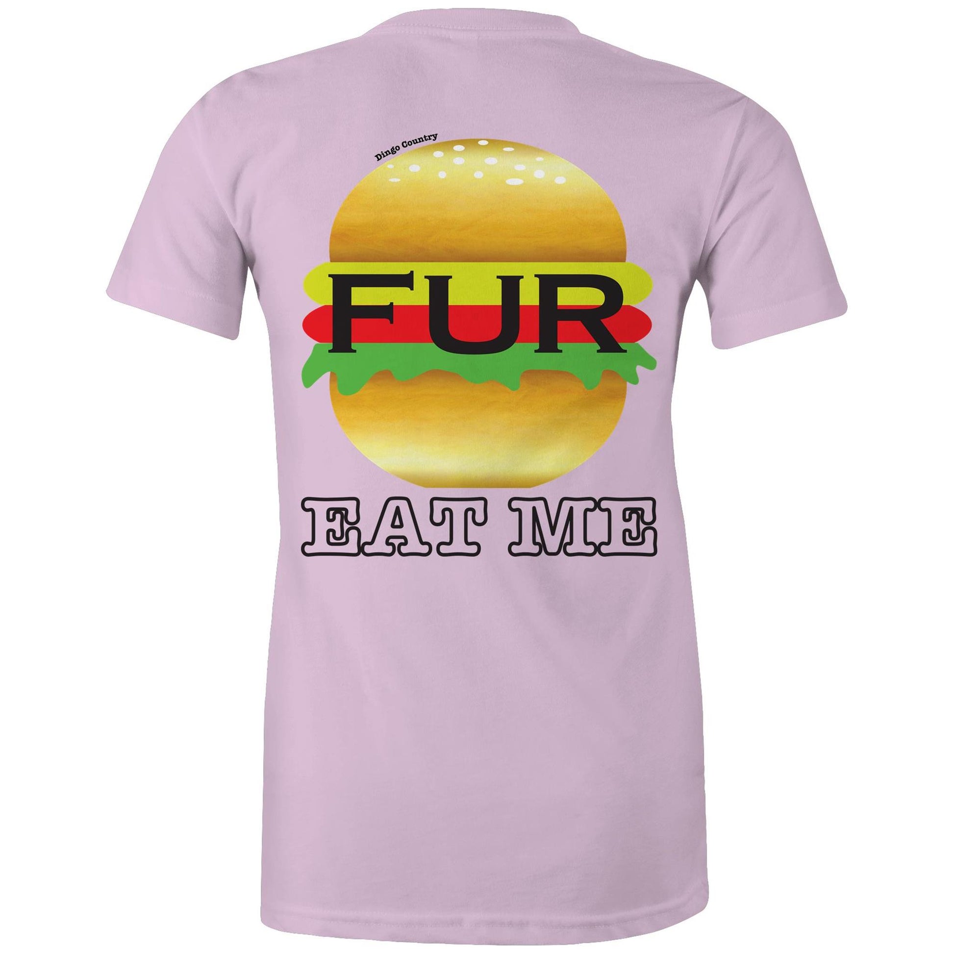 Rear view of Dingo Country's lavender Maple Tee, with the playful 'FUR BURGER EAT ME' burger graphic.