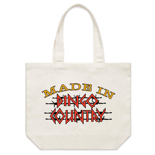 Sturdy canvas tote bag with 'Made in Dingo Country' logo, an eco-friendly and fashionable choice for carrying daily essentials