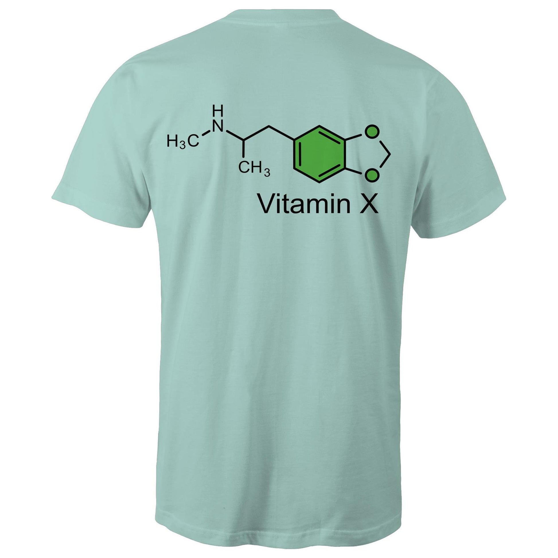 Back of the aqua t-shirt displaying the green and black MDMA molecular structure with 'Vitamin X' text, celebrating scientific curiosity