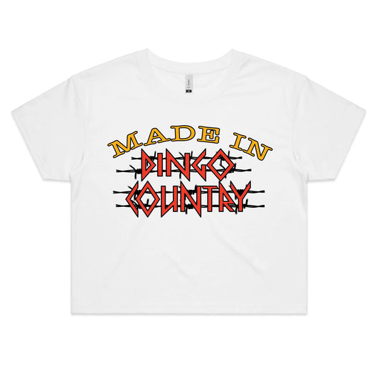 Women's white crop tee with 'Made in Dingo Country' print in vibrant yellow and red lettering, showcasing Australian pride