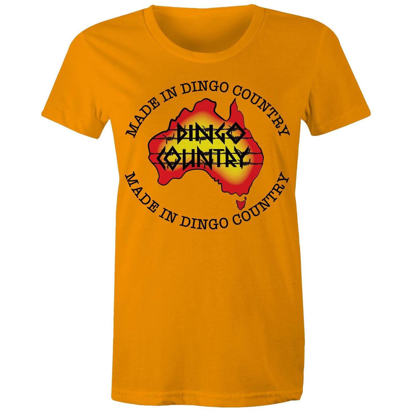 Women's Dingo Country Australia map t-shirt in orange, available in 16 colors, with 'Made in Dingo Country' text for a proud Australian look.