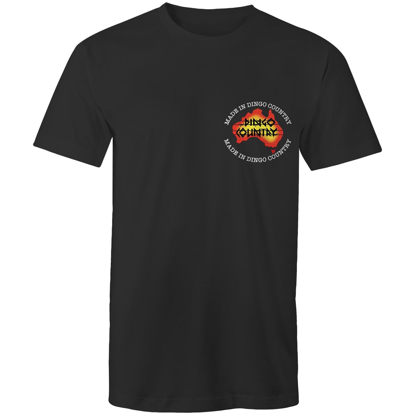 Black t-shirt with 'Made in Dingo Country' logo on the chest in vibrant Australian colors.