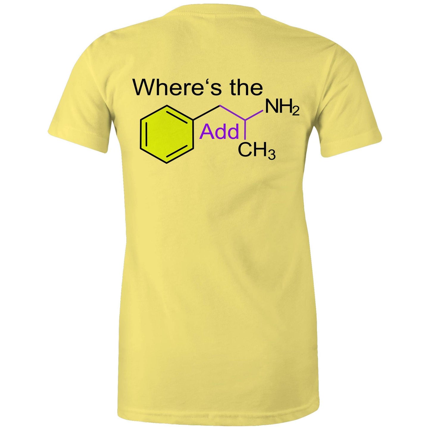 Back view yellow women's t-shirt showing a playful twist on chemistry with 'Where’s the Addy' integrated within a colourful molecular structure design.