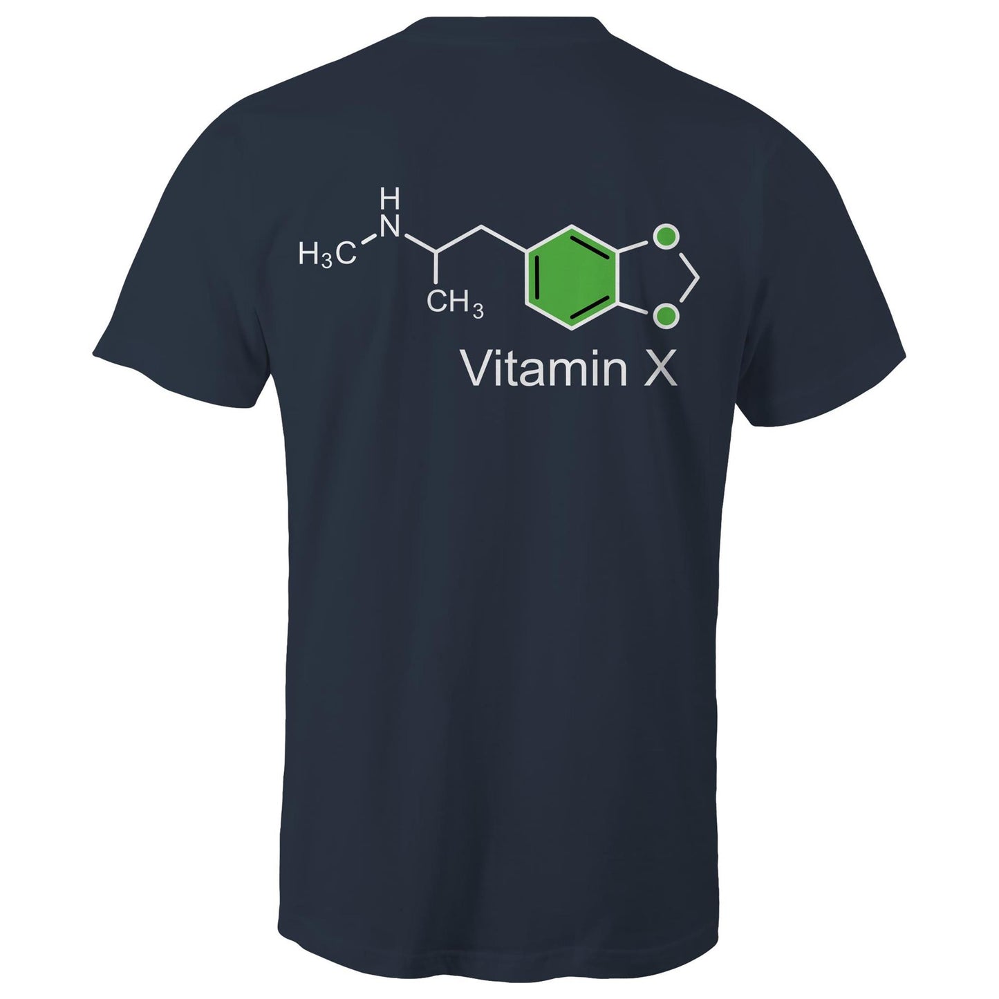 Back of the navy t-shirt displaying the green and white MDMA molecular structure with 'Vitamin X' text, celebrating scientific curiosity