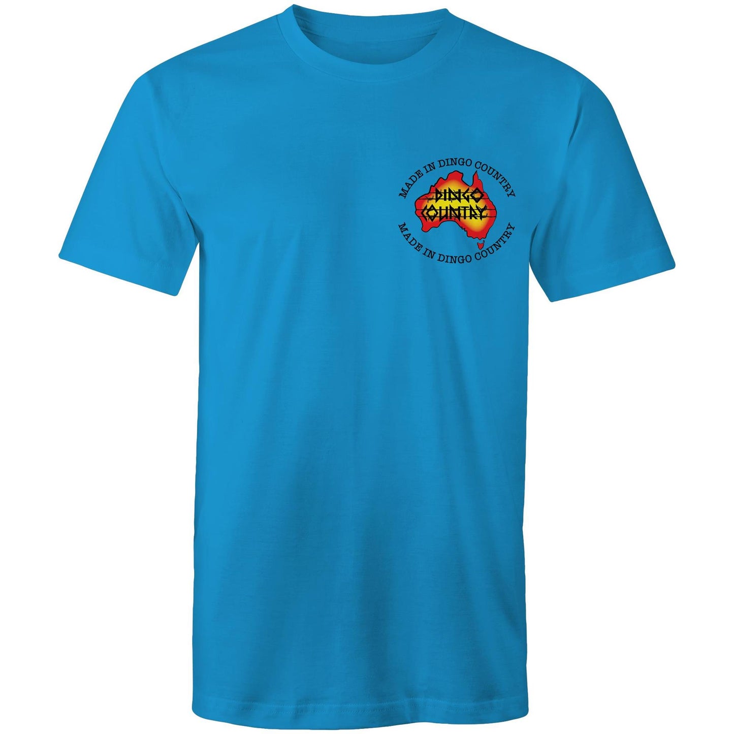 Arctic blue t-shirt with 'Made in Dingo Country' logo on the chest in vibrant Australian colors.