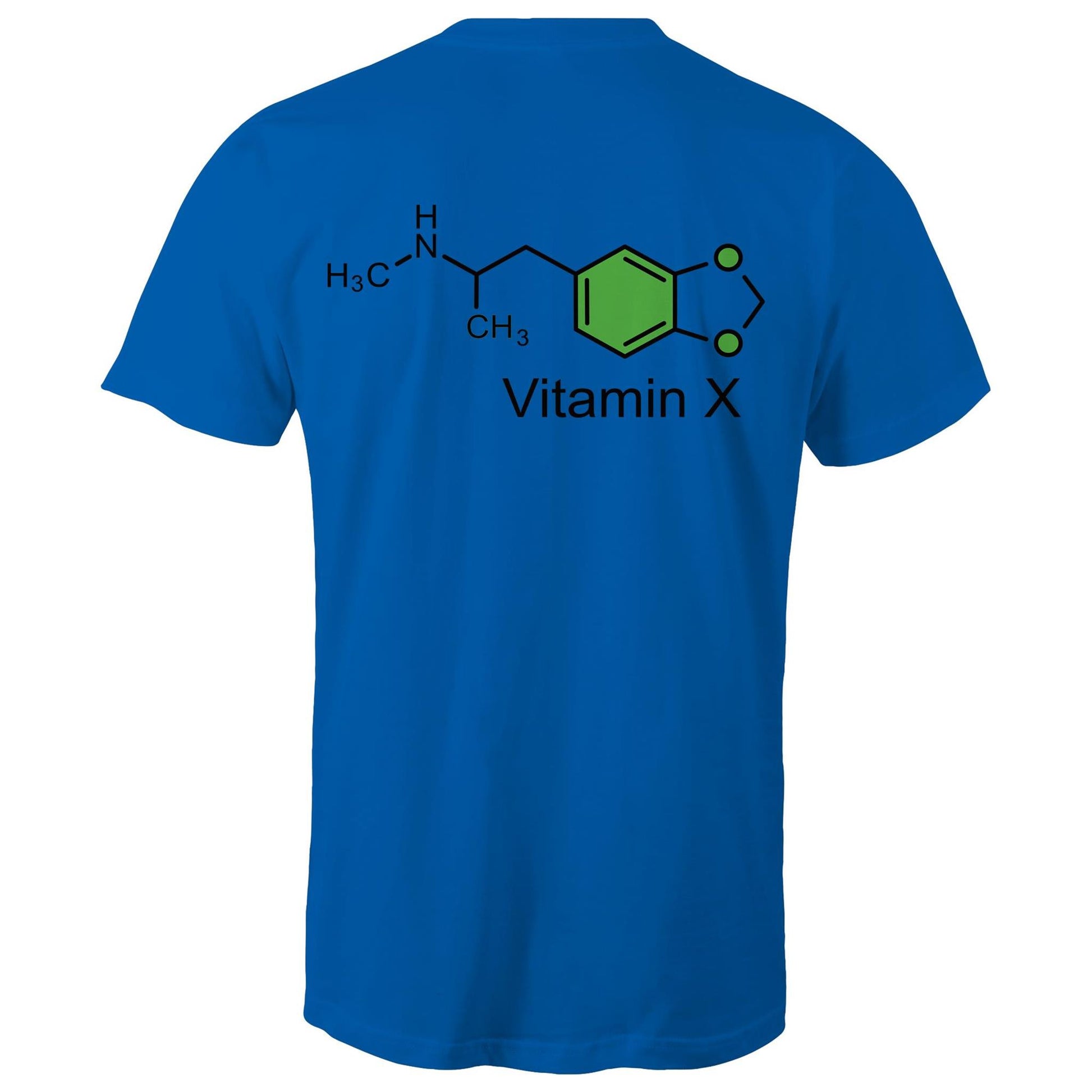 Back of the bright royal t-shirt displaying the green and black MDMA molecular structure with 'Vitamin X' text, celebrating scientific curiosity