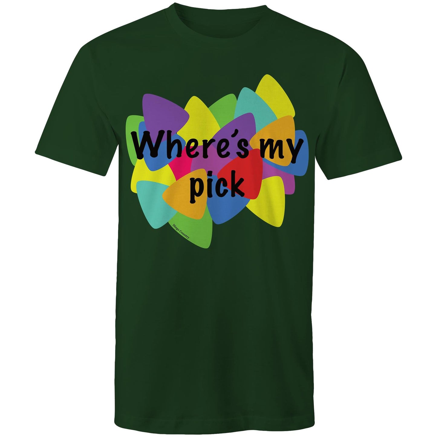 "Where's My Pick" graphic men's t-shirt in forrest green, with a vibrant, multicolour guitar pick pattern and playful text, front view on a plain background, captures the spirit of Dingo Country's Muso Collection.