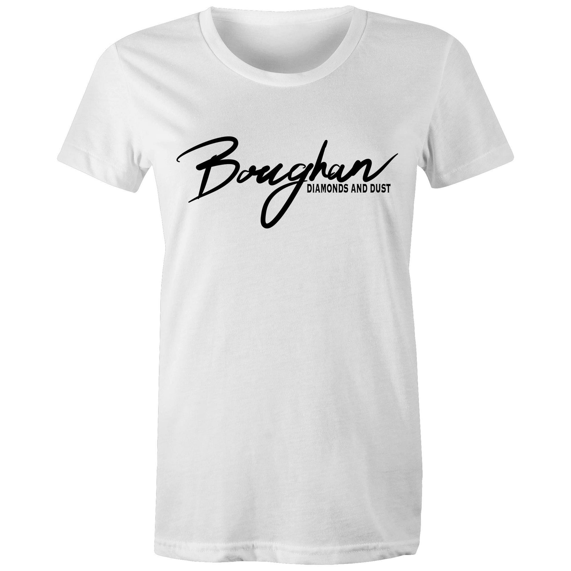 Women's white Maple Tee with 'Boughan - Diamonds and Dust' script.