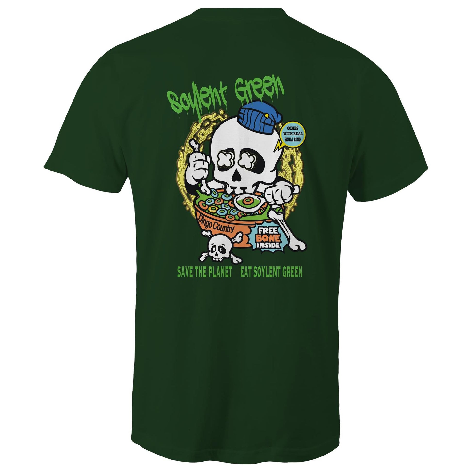 Rear view of a forrest green T-shirt featuring a colourful 'Soylent Green' graphic with a skull eating cereal, highlighting an environmental message with a twist of dark humour.