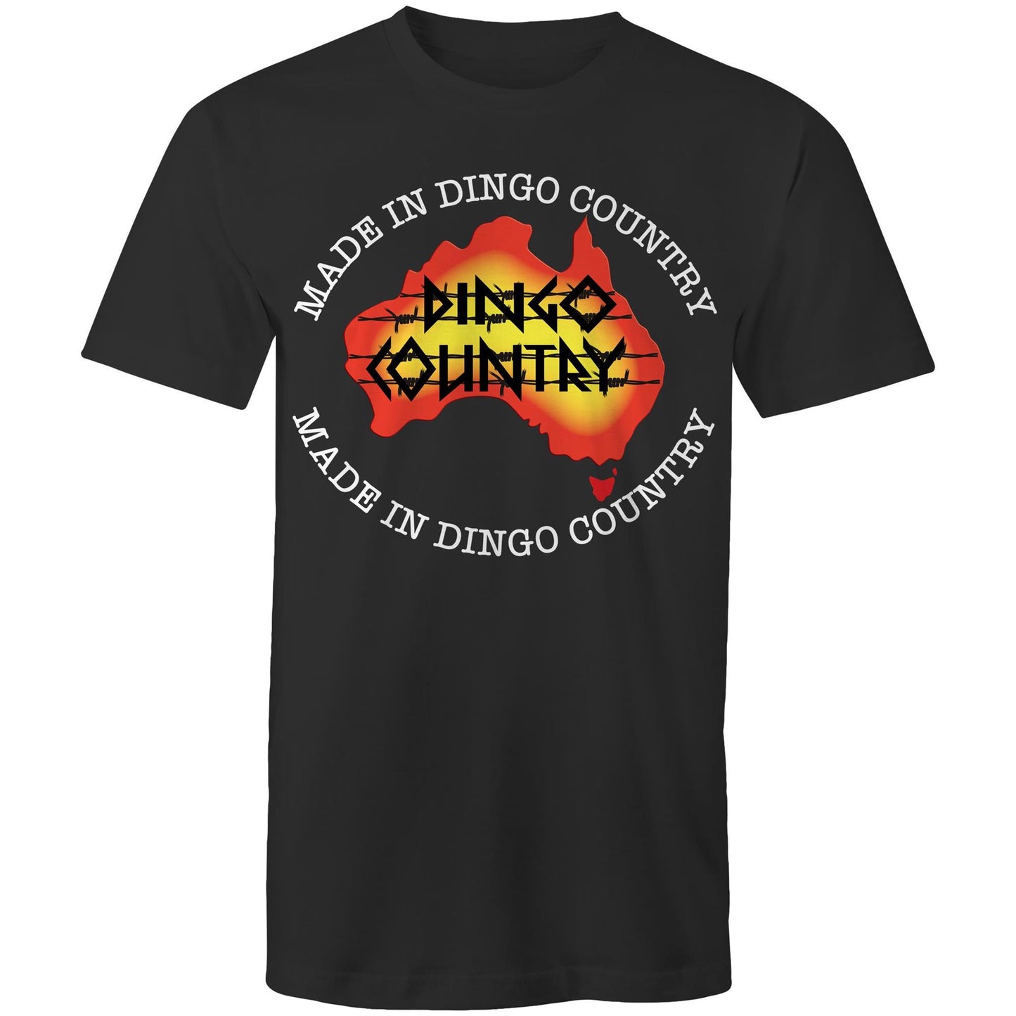 Men's black T-shirt highlighting a map of Australia with a 'Made in Dingo Country' motif, combining national pride and a sunburnt colour palette.