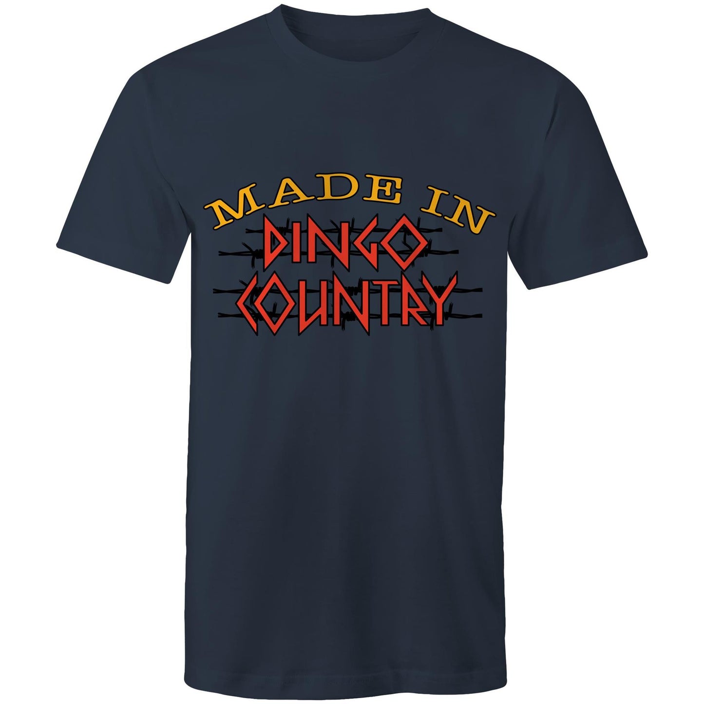 Men's classic navy t-shirt emblazoned with 'Made in Dingo Country' logo, available in 11 unique colours to match any style