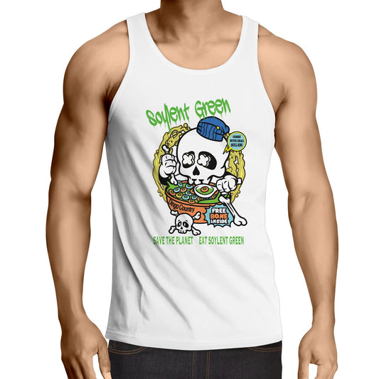 Muscular fit men's white singlet with a vibrant Soylent Green motif, skull eating cereal, promoting environmentalism with a retro twist