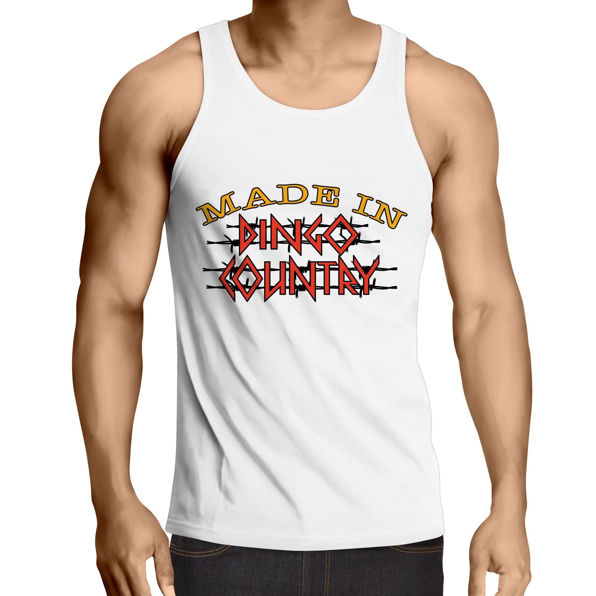 Man's white singlet featuring 'Made in Dingo Country' logo on the front - for those who dare at Dingo Country.