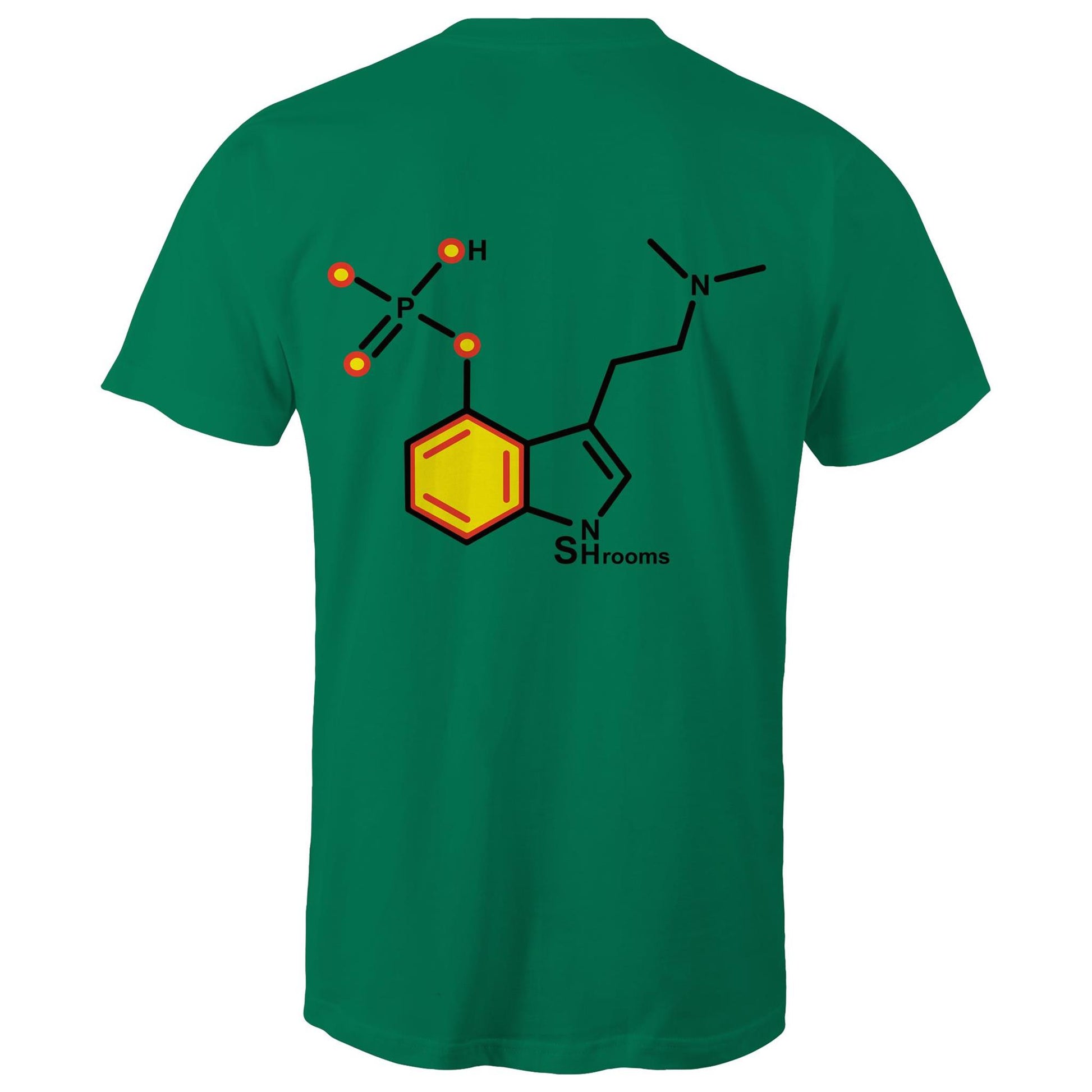 Back of the men's kelly green T-shirt showcasing the Psilocybin molecule, combining scientific appeal with a sharp, modern design.