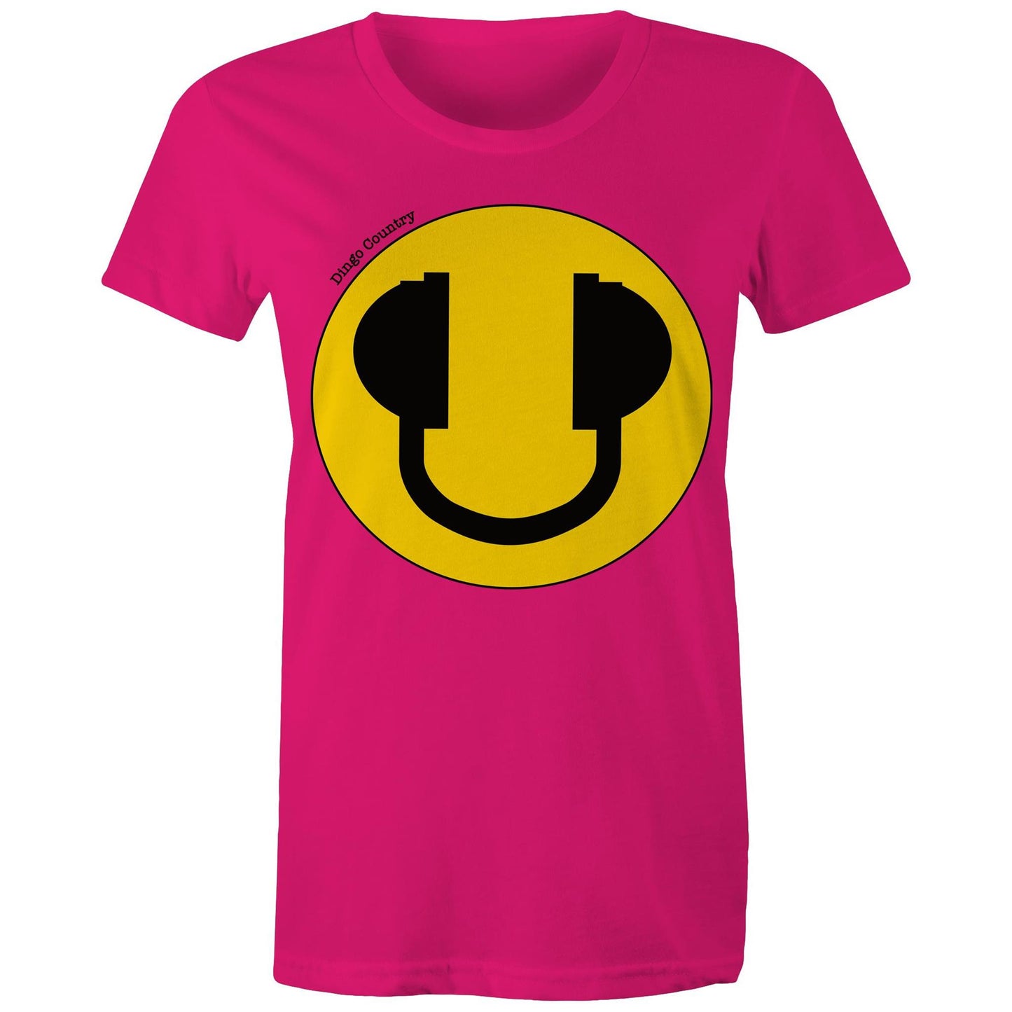 Women's Maple Tee in fuchsia with a bold yellow smiley face and headphone design, expressing a fun-loving music vibe, available at Dingo Country.