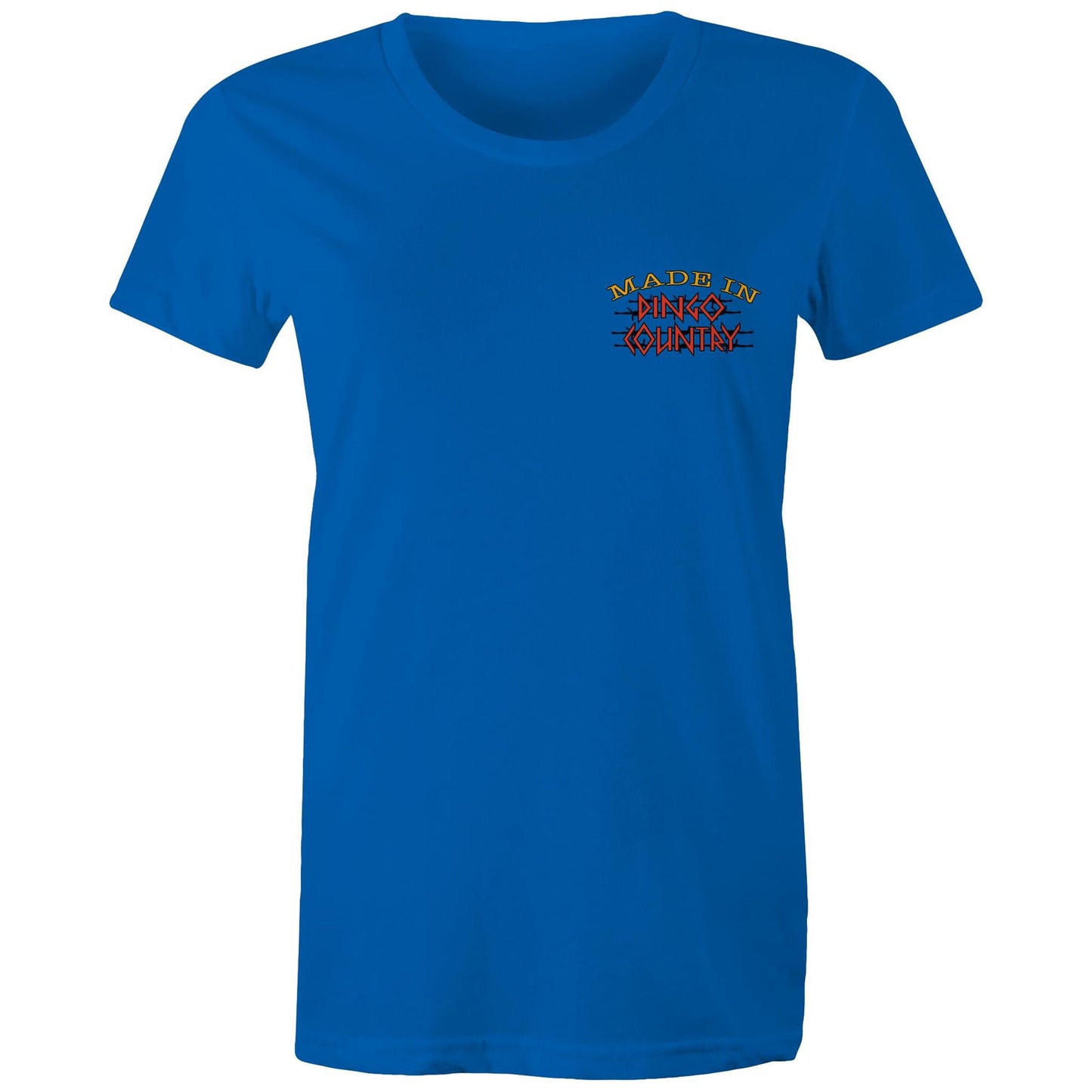 Front view of 'Life’s Short Dance' Women's Maple Tee showcasing the 'Made in Dingo Country' logo in a compact, rustic design on a Bright royal tee.