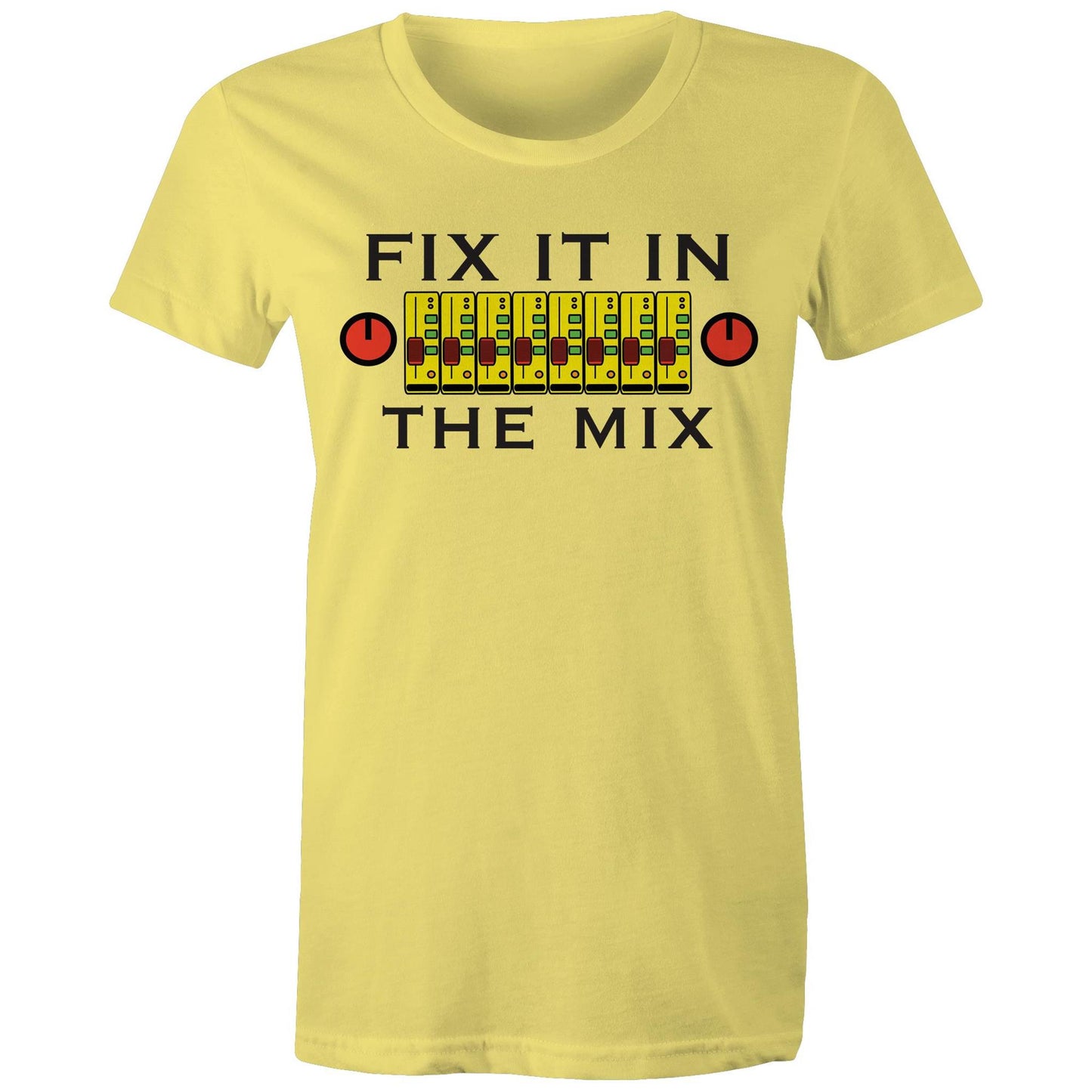 Fix It In The Mix' women's maple tee in yellow with colorful mixer design