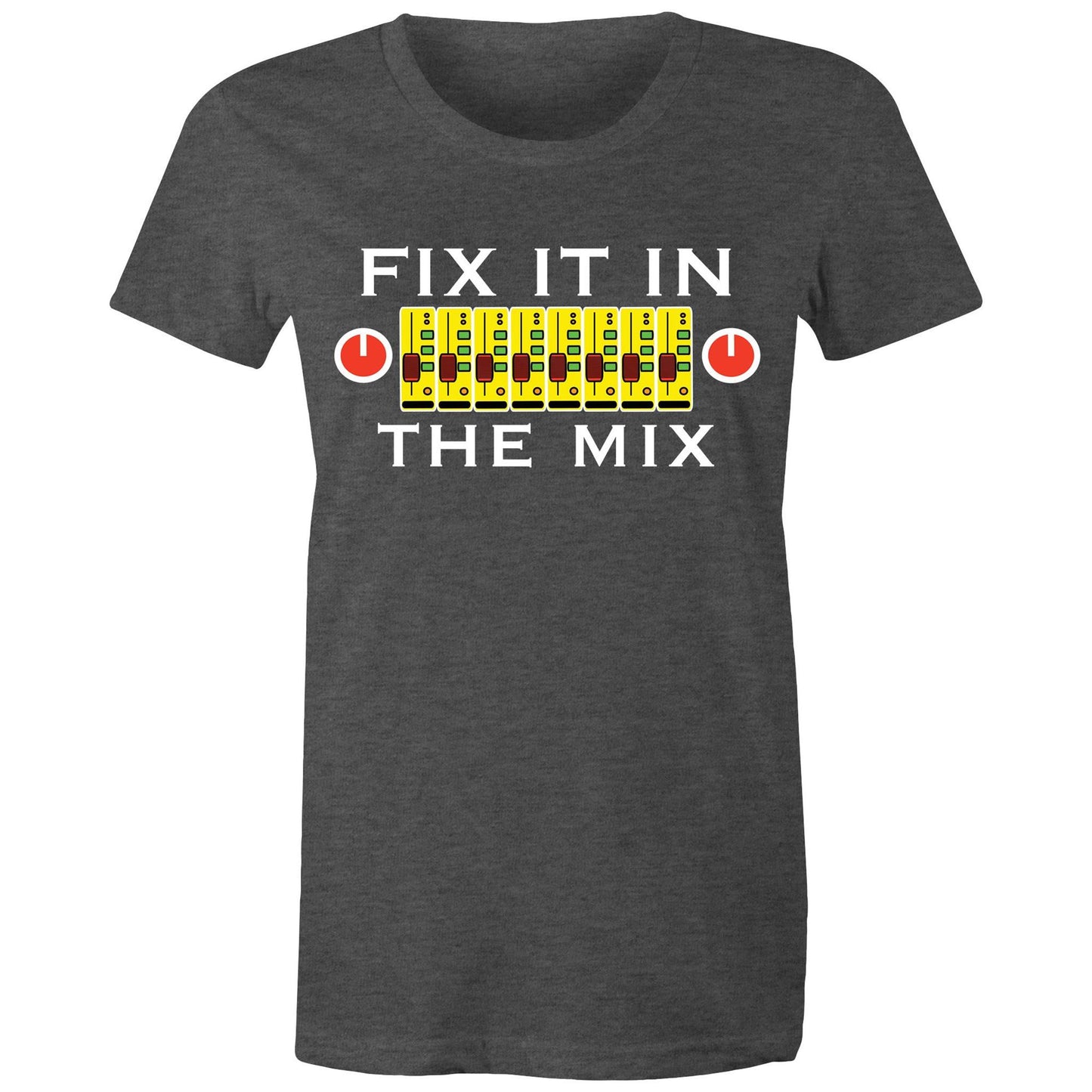 Fix It In The Mix' women's maple tee in Asphalt Marle with colourful mixer design