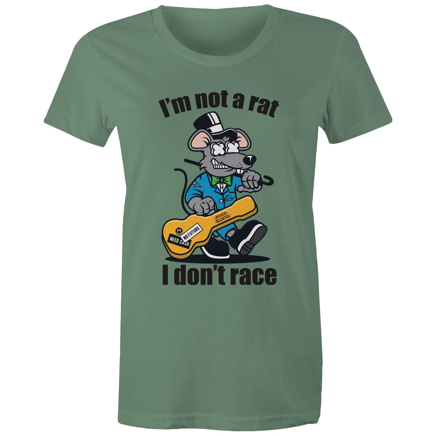 Front view of a woman's sage maple tee with a graphic of a guitar-playing rat and the words 'I'm Not a Rat, I Don't Race', exemplifying a fun and laid-back style