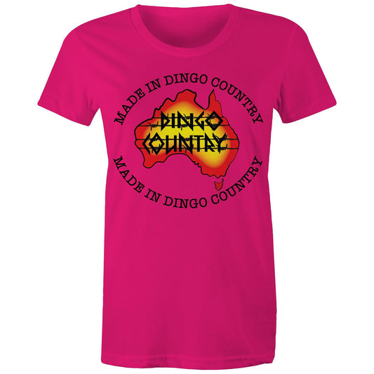 Women's Dingo Country Australia map t-shirt in fuchsia, available in 16 colours, with 'Made in Dingo Country' text for a proud Australian look.