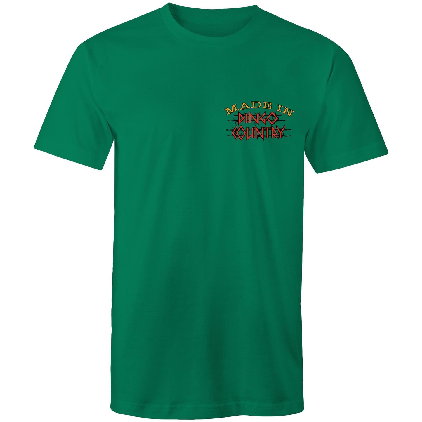 A kelly green men's t-shirt with a small, central chest print that reads "Made in Dingo Country", The print is stylized with the Australian flag colors and distressed lettering to give a rugged, patriotic feel.