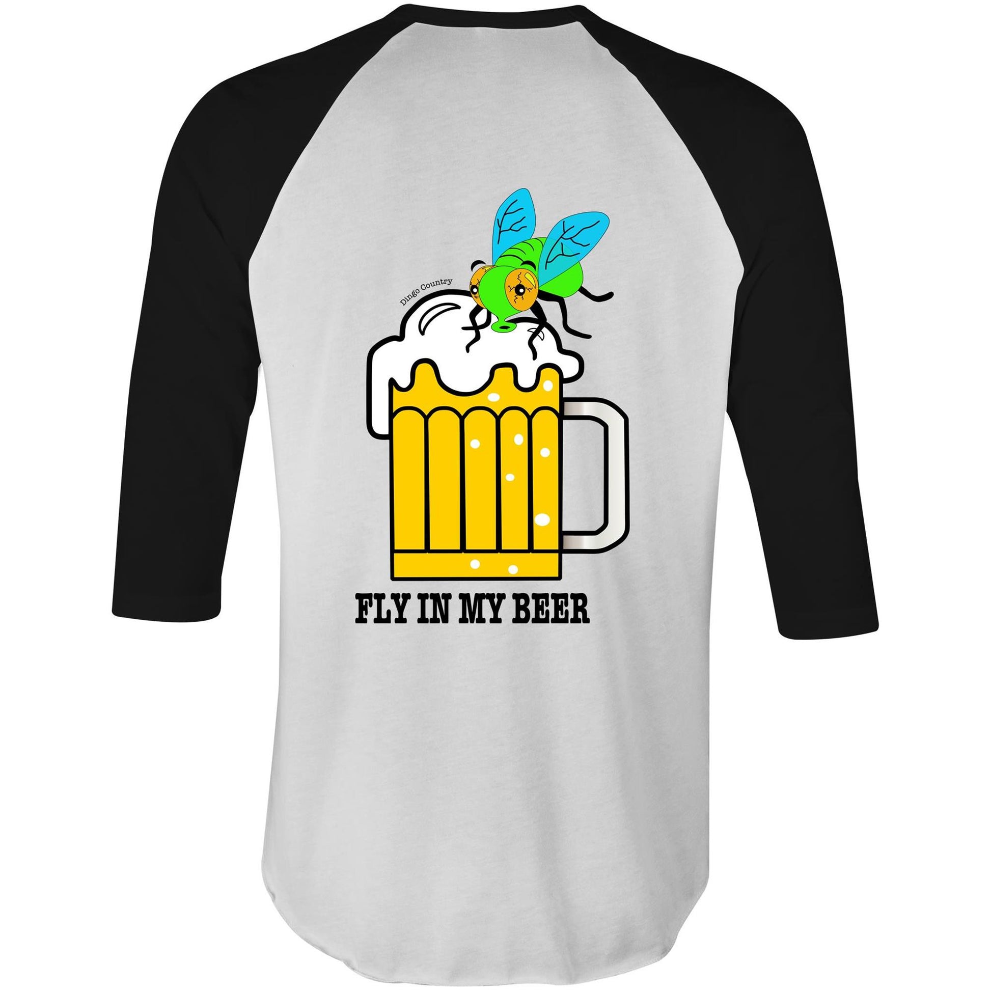 Back view of a black sleeve raglan 3/4 sleeve t-shirt with a humorous 'Fly in My Beer' graphic, showcasing a beer mug with a playful fly character.