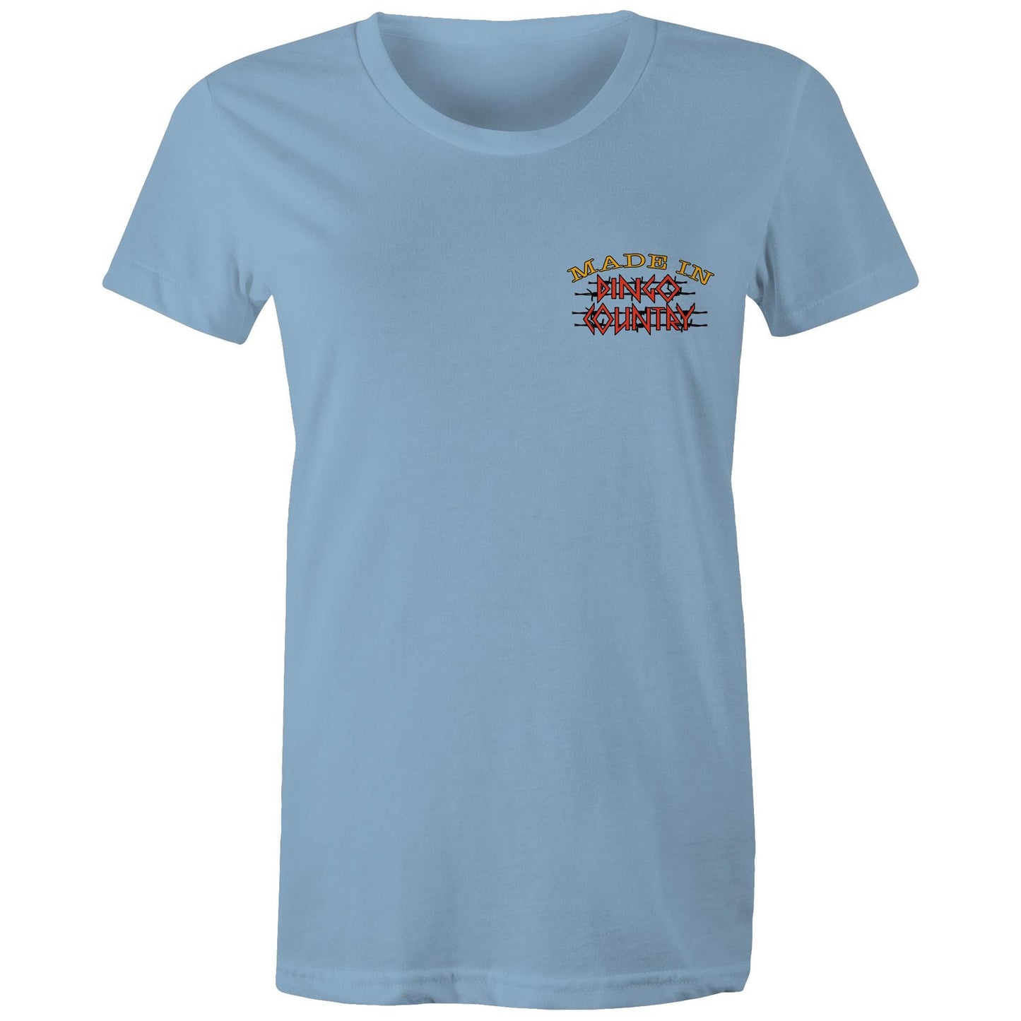 Made in Dingo Country" logo on a plain Carolina blue women's maple tee - front view.