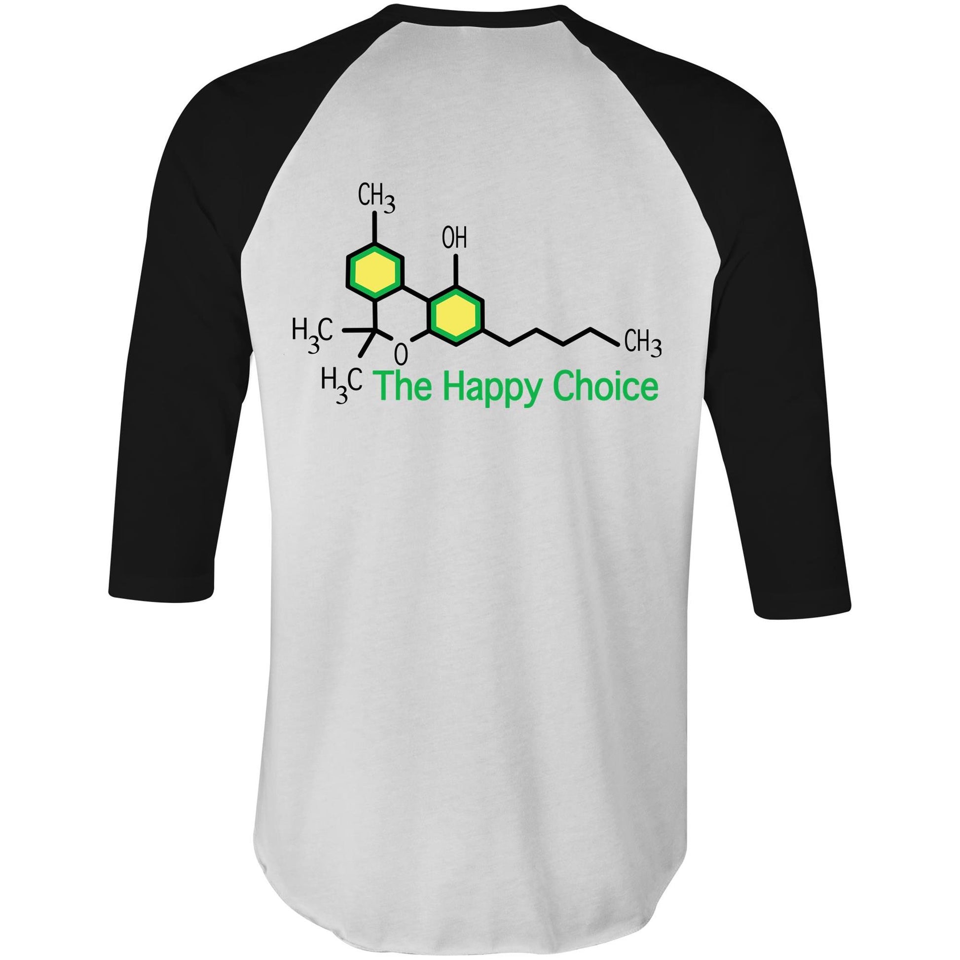 Back of the black sleeve shirt displaying the green THC molecular structure with 'The Happy Choice' slogan, blending leisure with a hint of science.