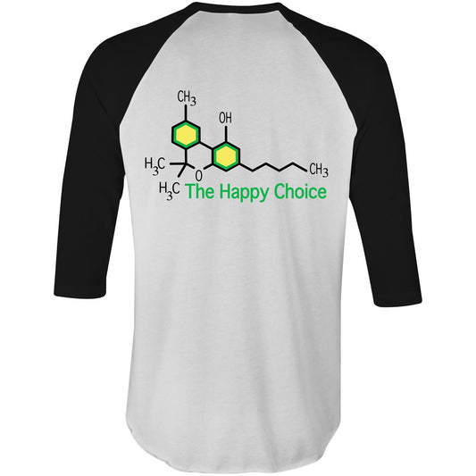 Back of the black sleeve shirt displaying the green THC molecular structure with 'The Happy Choice' slogan, blending leisure with a hint of science.