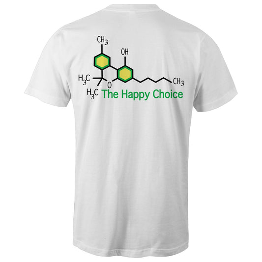 Rear view of a white T-shirt showing the chemical structure of Tetrahydrocannabinol (THC) with 'The Happy Choice' tagline, merging fun with pharmacological interest.