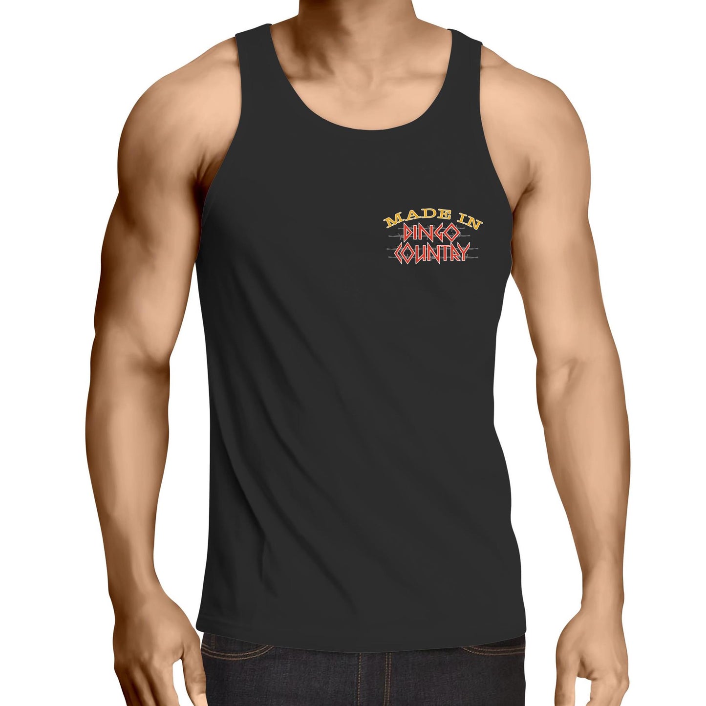 Sleeveless black men's top with a small 'Made in Dingo Country' chest logo for a subtle Australian vibe