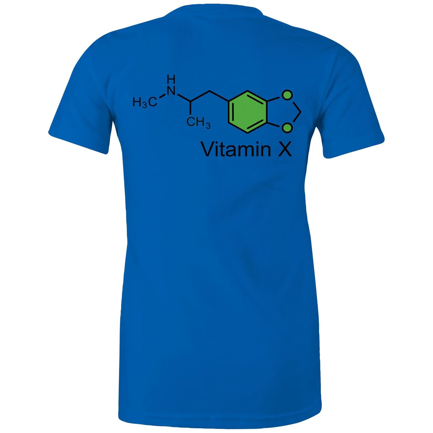 Chemical structure of MDMA, labeled "Vitamin X" on the back of a bright royal women's maple tee.