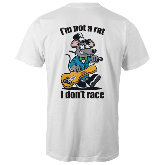  White mens T-shirt- Graphic print of a rat playing the guitar with 'I'm Not a Rat, I Don't Race' slogan, showcasing a playful nod to music enthusiasts.