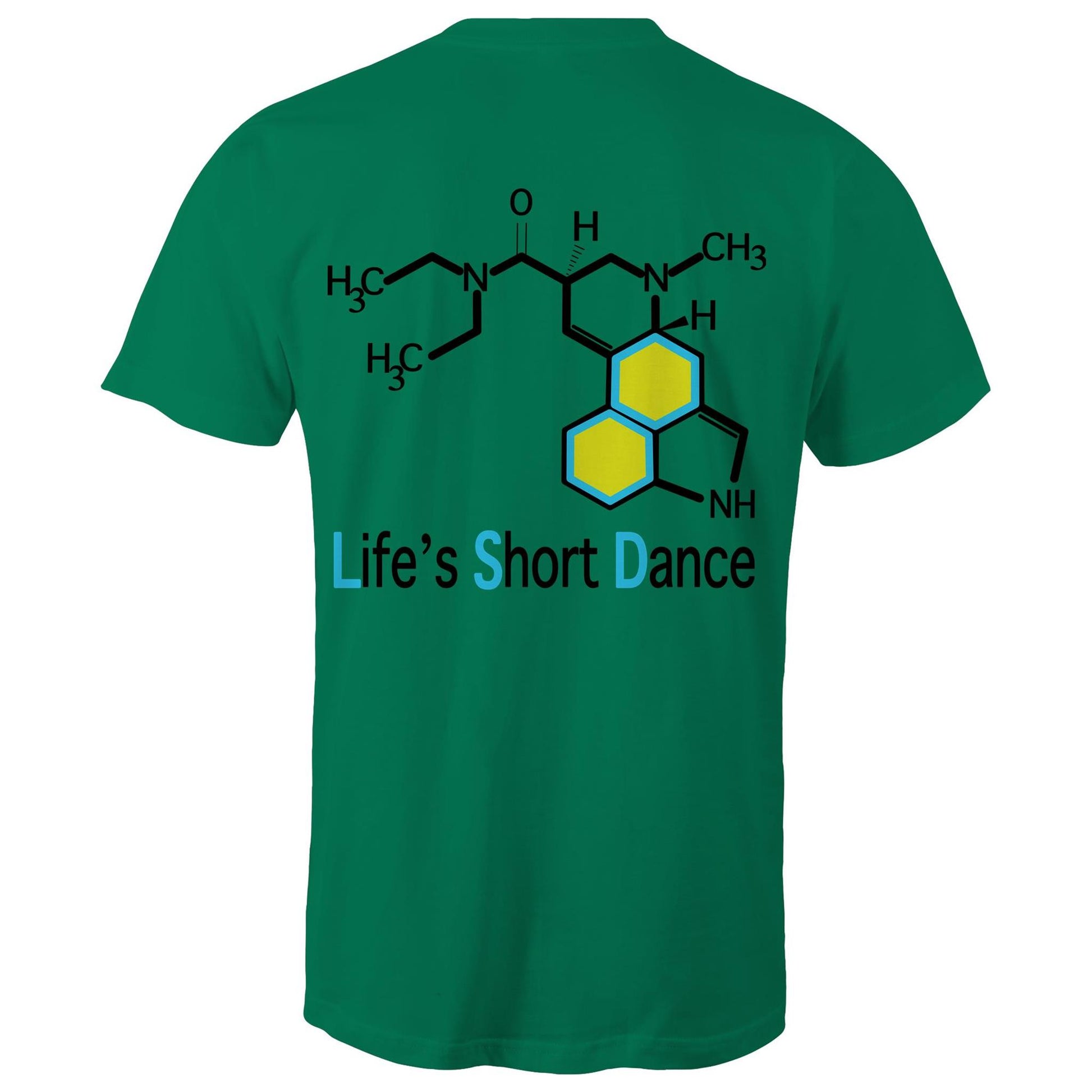 Back view of 'Life’s Short Dance' Men's Kelly green T-Shirt featuring an intricate chemical molecule design in black and blue, with the phrase 'Life’s Short Dance' in stylized blue font