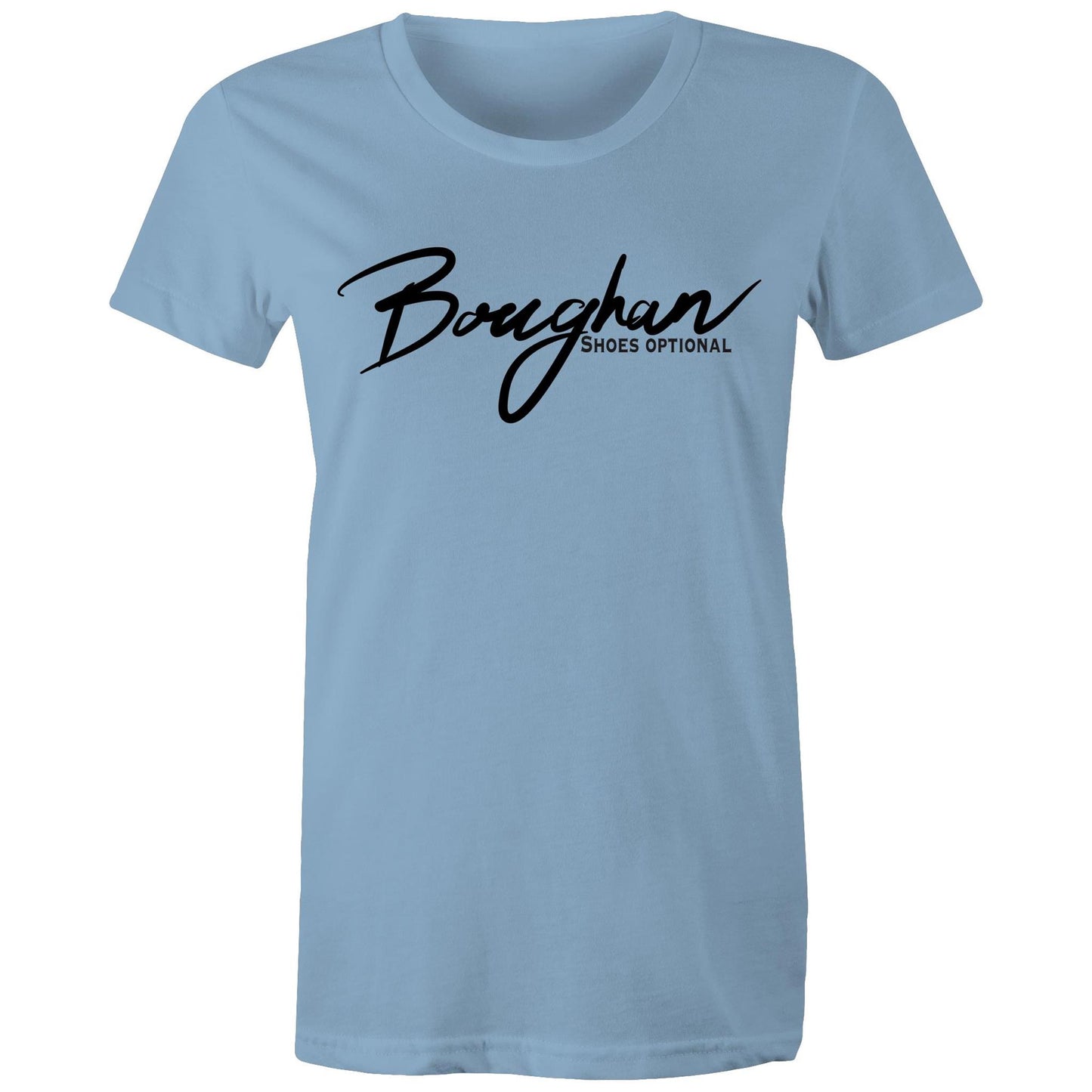 Easy-going Carolina blue Women's Maple Tee with 'Boughan - Shoes Optional' text, offering a blend of comfort and cheeky charm.