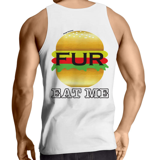 Back view of white singlet with playful 'FUR - EAT ME' burger graphic - a bold fashion statement from Dingo Country.