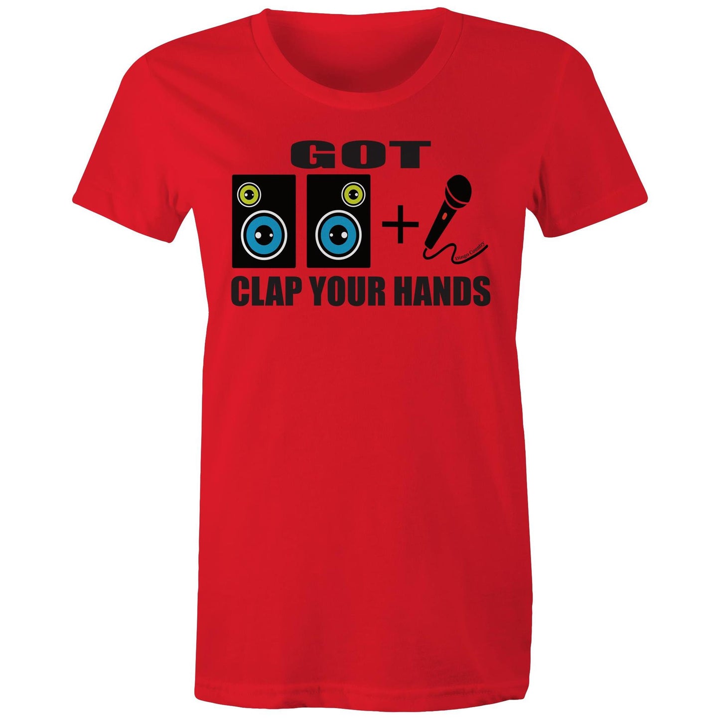 Women's red maple tee with 'GOT two speakers icon + Mic' icon and 'CLAP YOUR HANDS' text on the front, reflecting Beck's song lyrics